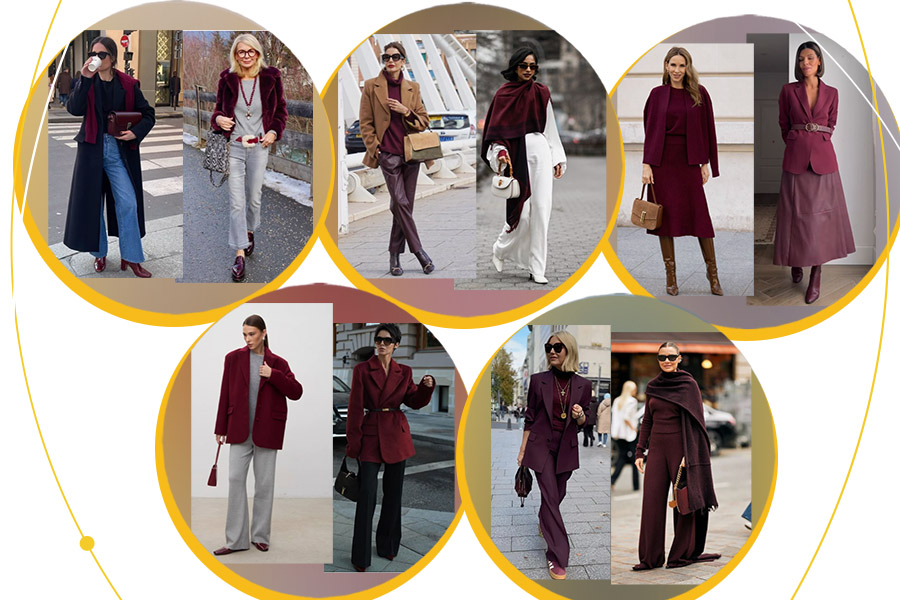 acessórios dourados look vinho cinza