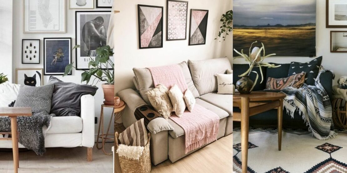 Como usar mantas e almofadas no sofá cinza