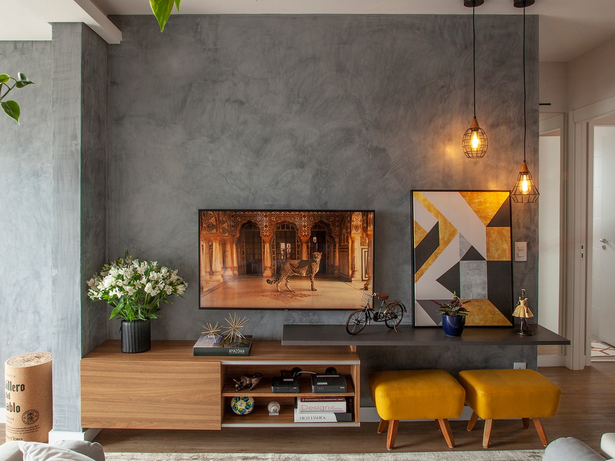 decoração cimento queimado e madeira