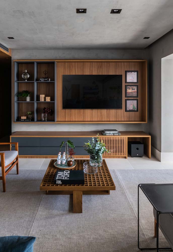 decoração cimento queimado e madeira