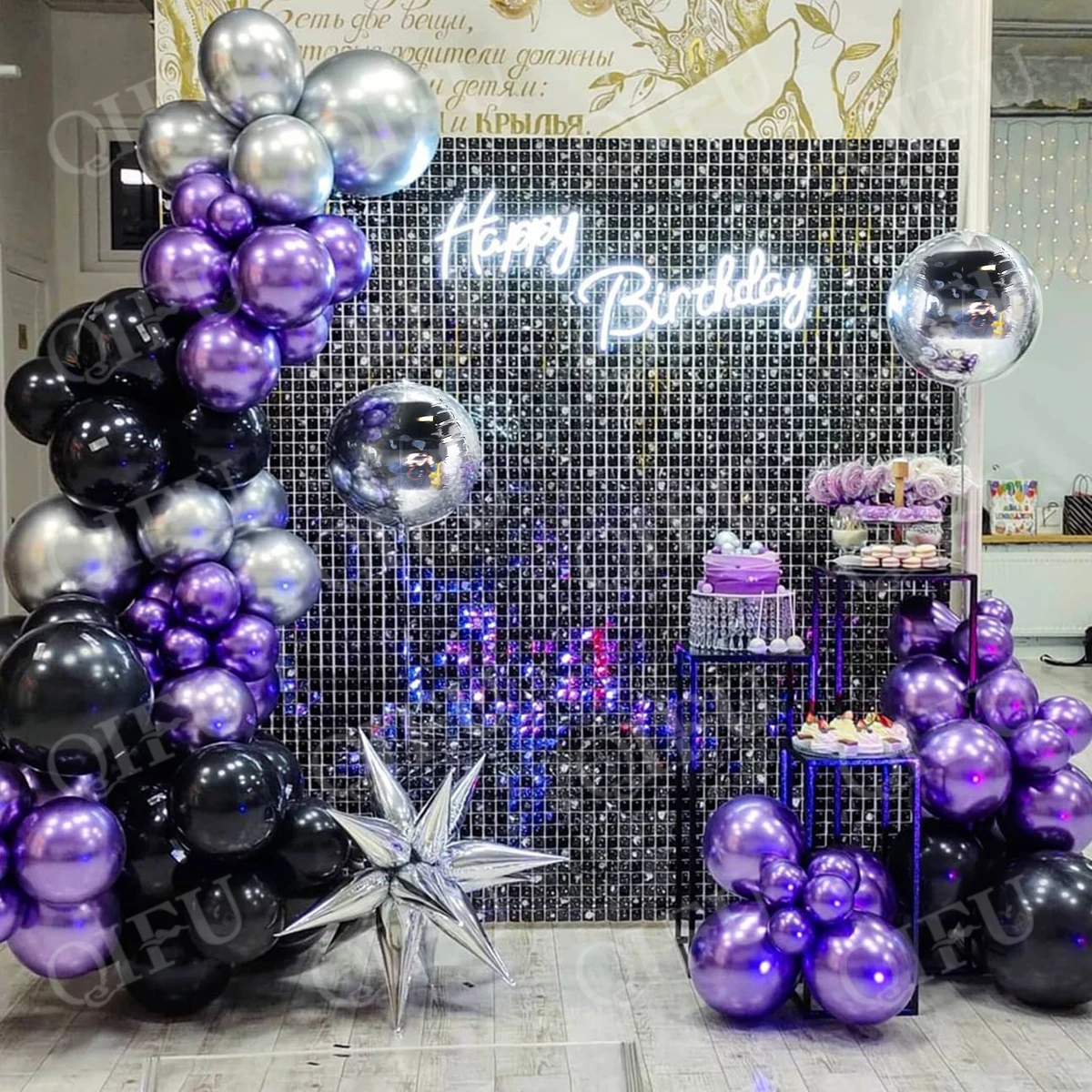 decoração de festa roxo e preto