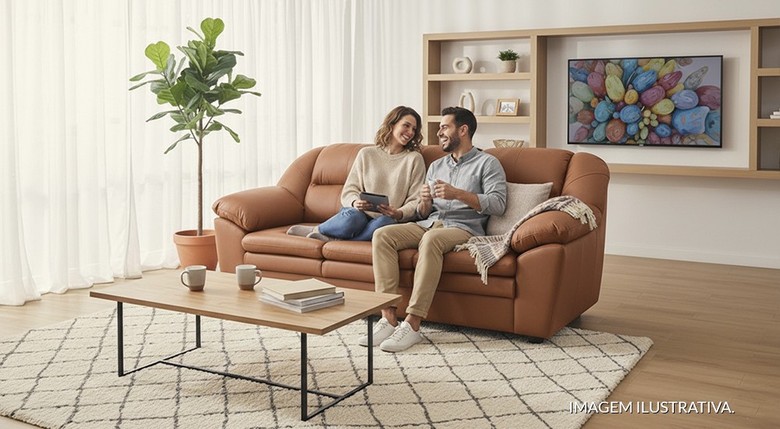 decoração de sala com sofá caramelo