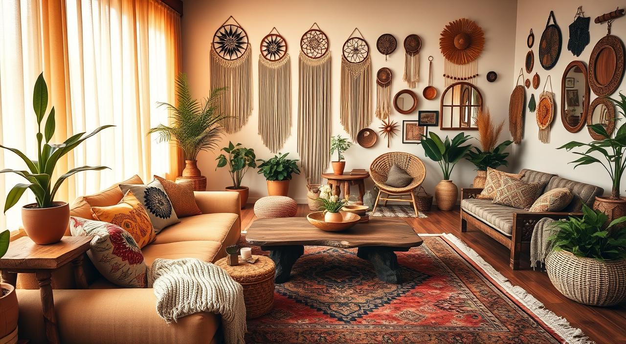 ideias decoração hippie chic para sala estar