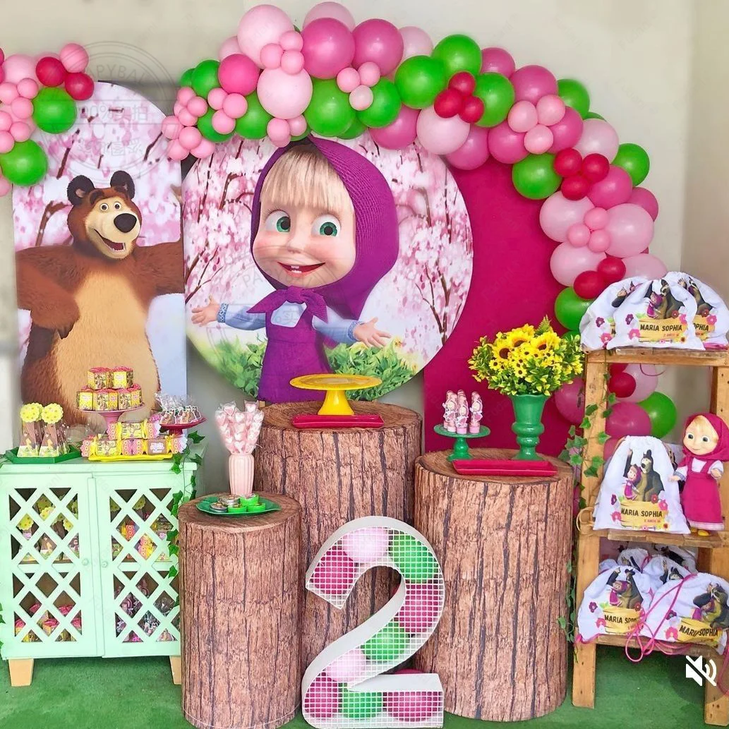 painel redondo sublimado masha e urso baloes