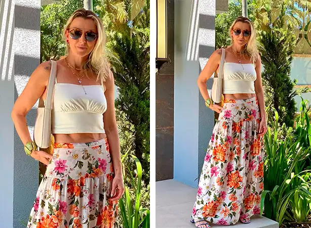 saia branca floral midi