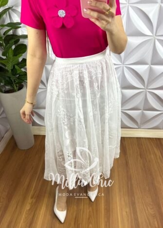 saia branca floral de tule