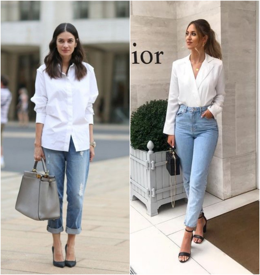 camisa branca jeans slim vs wide leg qual escolher