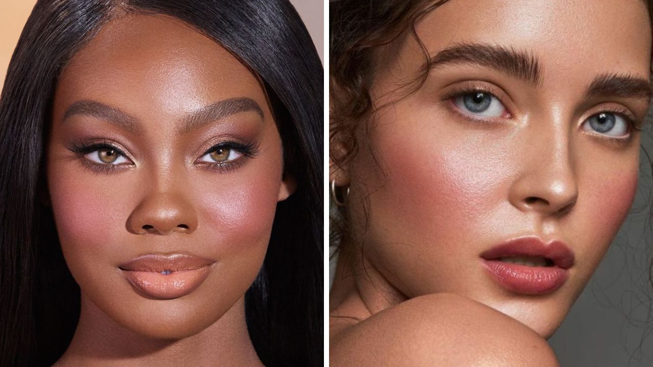 aplicação de blush efeito lifting rosto redondo