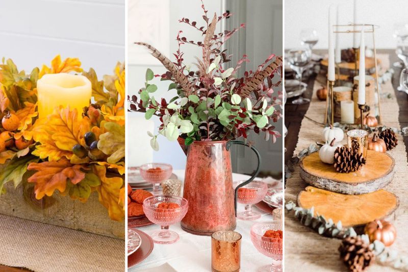 centro de mesa thanksgiving com abóboras e pinhas