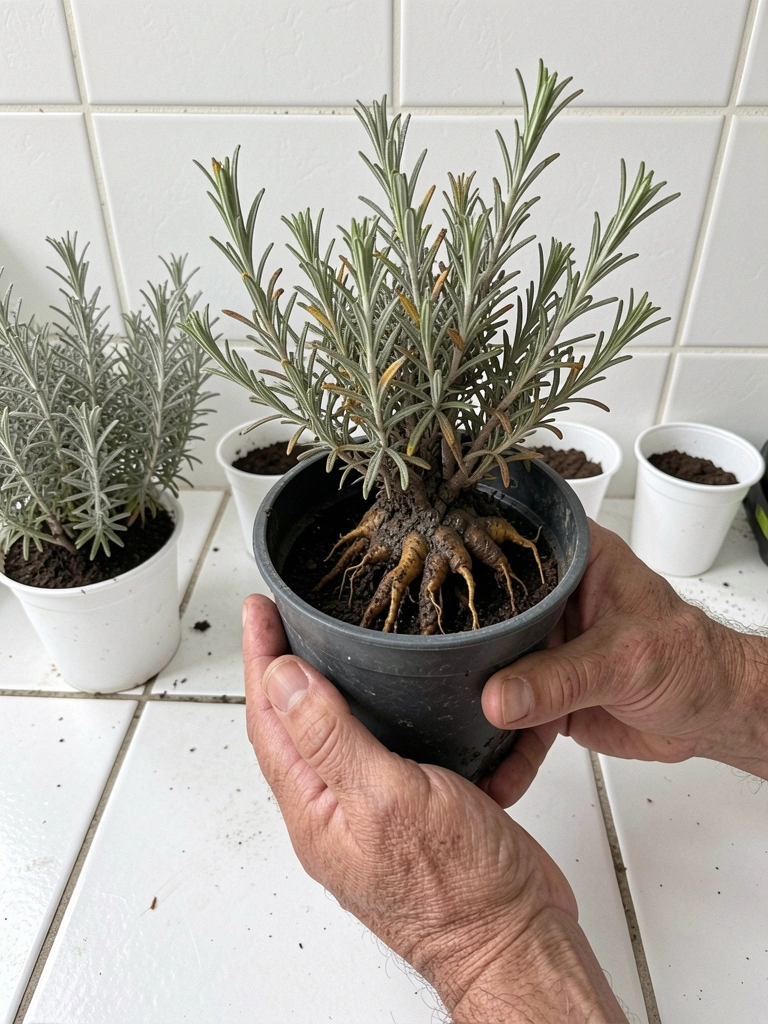 Mãos segurando um vaso com terra encharcada e raízes escuras à mostra