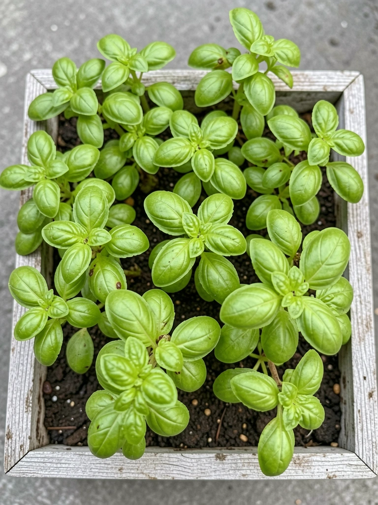Mudas de manjericão em vaso de barro sobre bancada de madeira, folhas verdes iluminadas por luz natural.