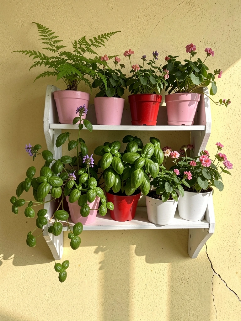 Pequenos vasos de cerâmica com manjericão, salsinha e cebolinha em uma janela de apartamento.