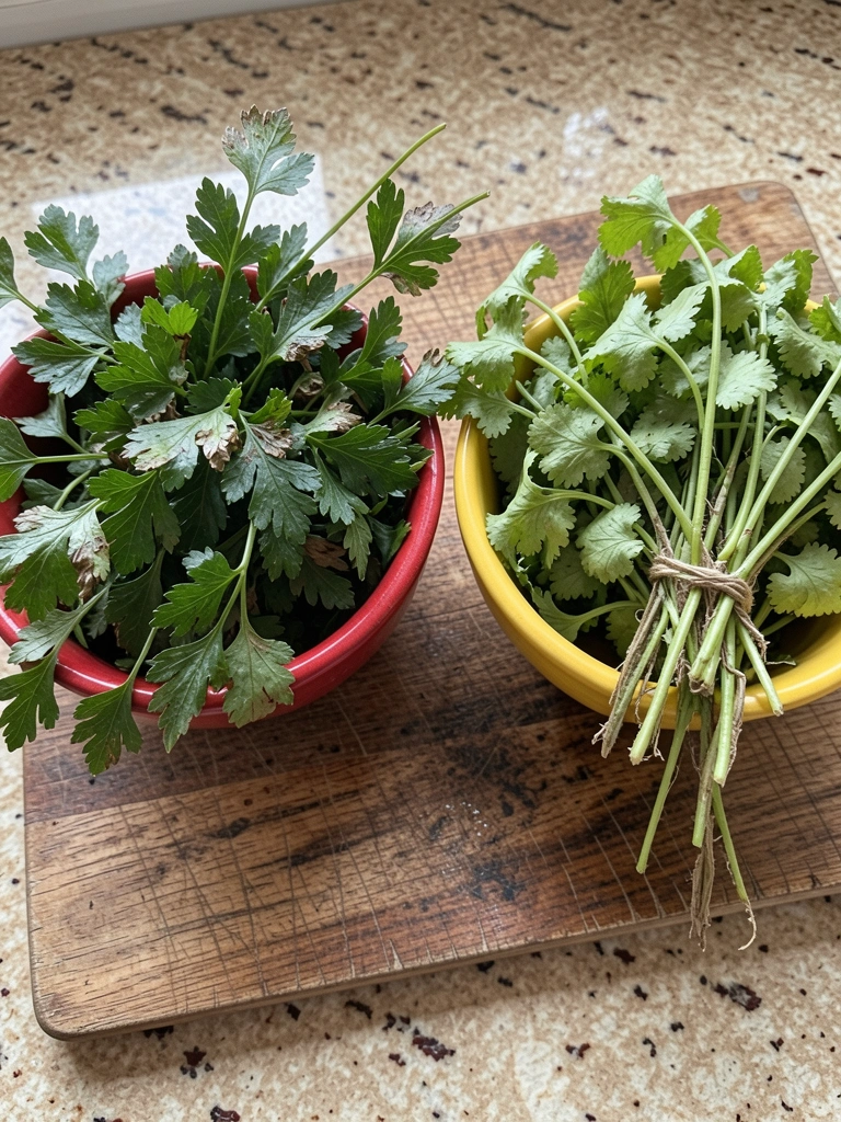 Dois maços de ervas frescas lado a lado sobre tábua de madeira rústica, iluminados por luz natural.