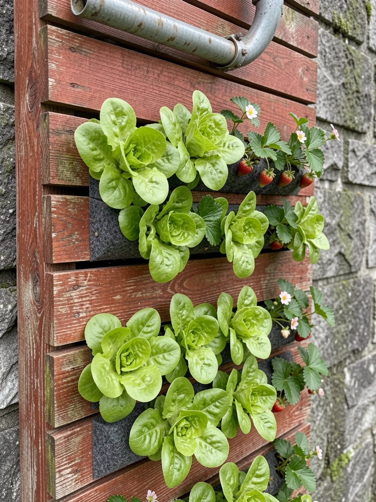 Painéis modulares fixados em parede externa de tijolo, com fileiras de ervas e hortaliças plantadas em bolsões individuais.