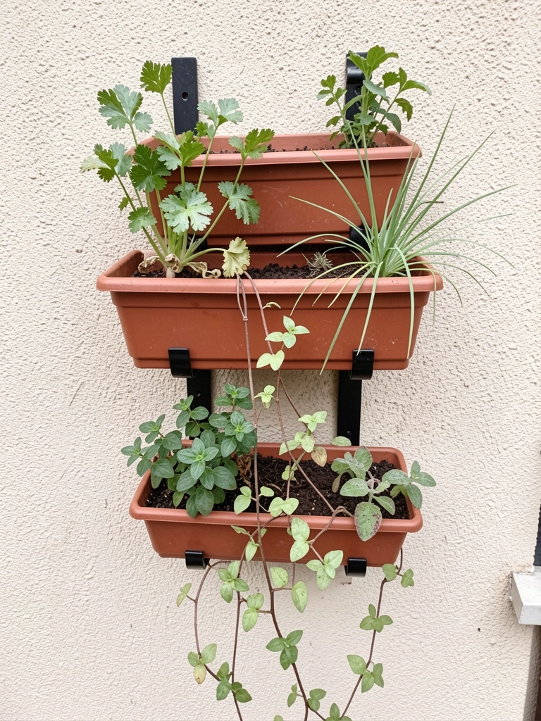 Estrutura vertical de madeira com vasos de plantas pendurados em parede externa de alvenaria