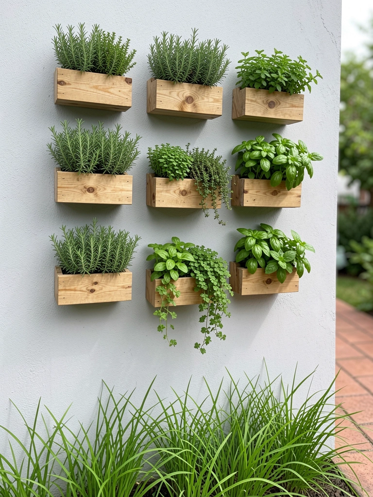 Parede externa com painéis verticais de madeira e fileiras de vasos com hortaliças pendurados.