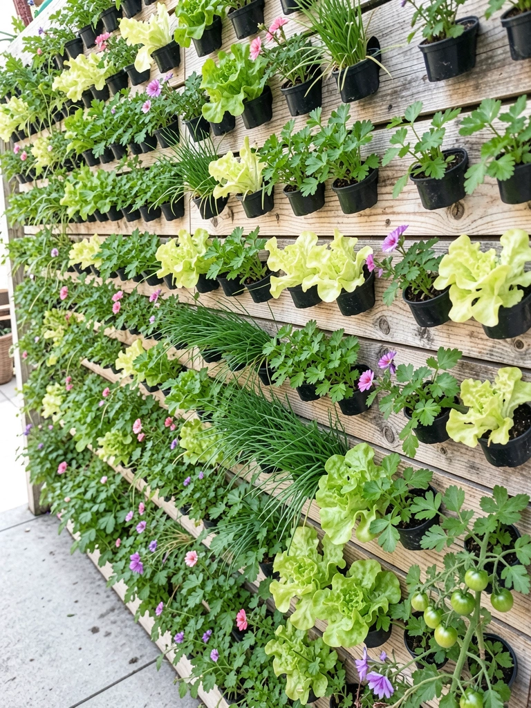 Horta vertical de parede com vasos empilhados e plantas variadas em uma varanda externa.