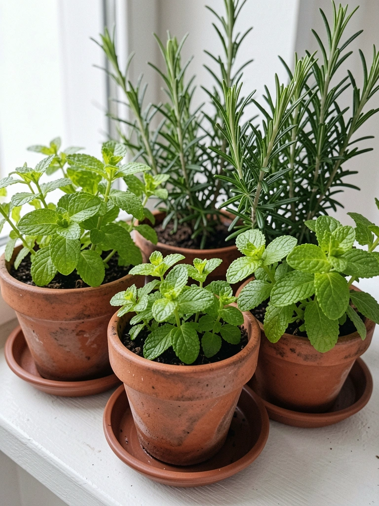 Pequenos vasos de cerâmica com manjericão, hortelã e salsinha sobre bancada de madeira perto da janela.