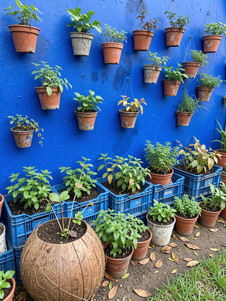 Caixa de feira de madeira com alças, preenchida com terra e pés de alface e temperos verdes.