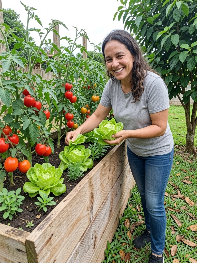 Mulher sorrindo enquanto colhe folhas de alface em canteiro elevado de madeira