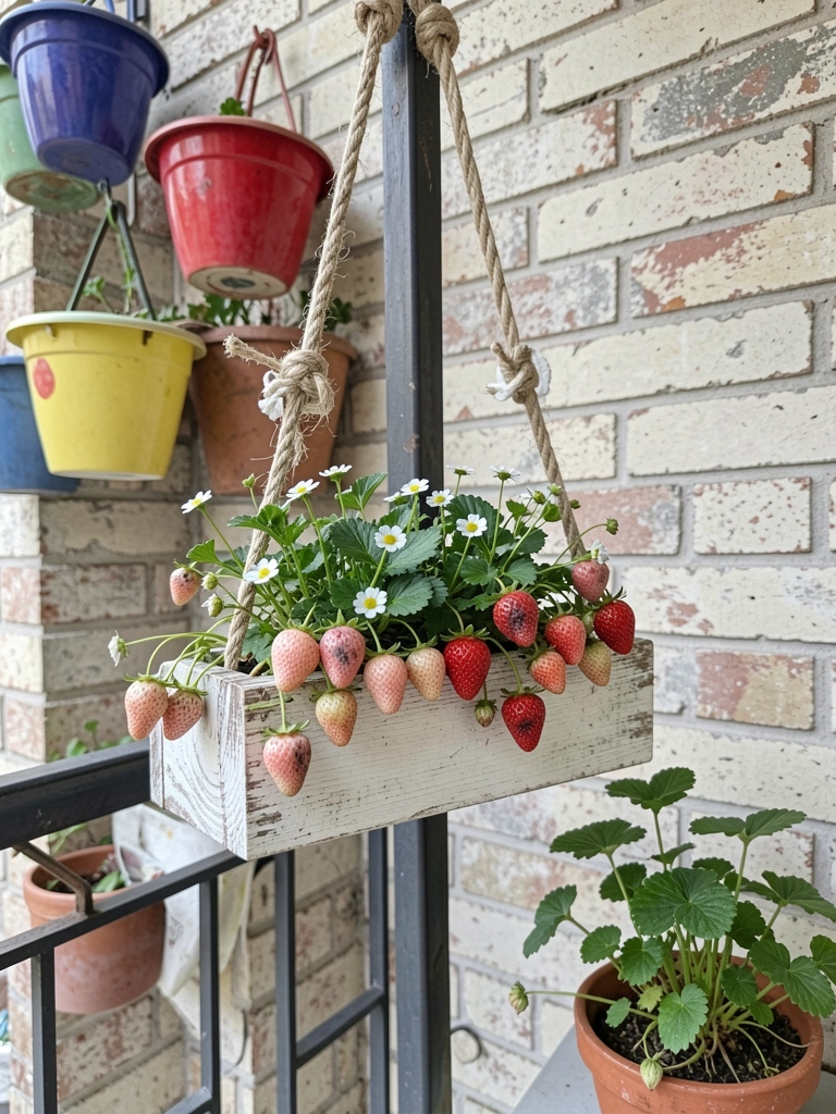 Varanda de apartamento com vasos coloridos pendurados na parede e plantas cultivadas.