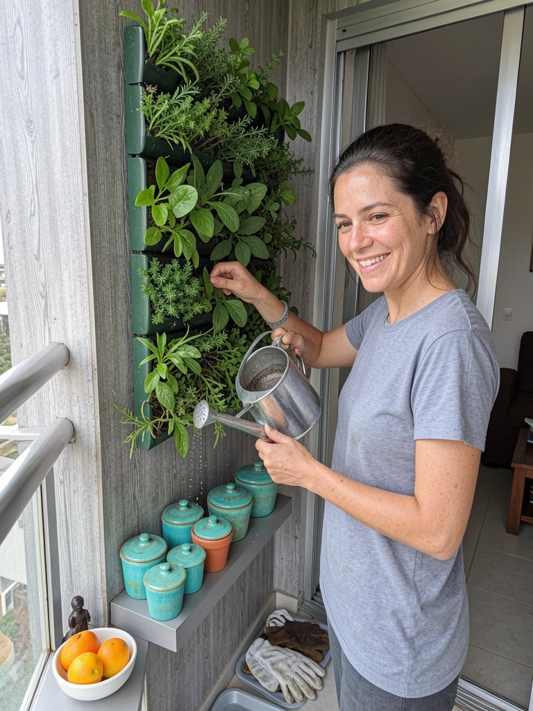 Mulher regando plantas em horta vertical de módulos fixados na parede de uma varanda de apartamento