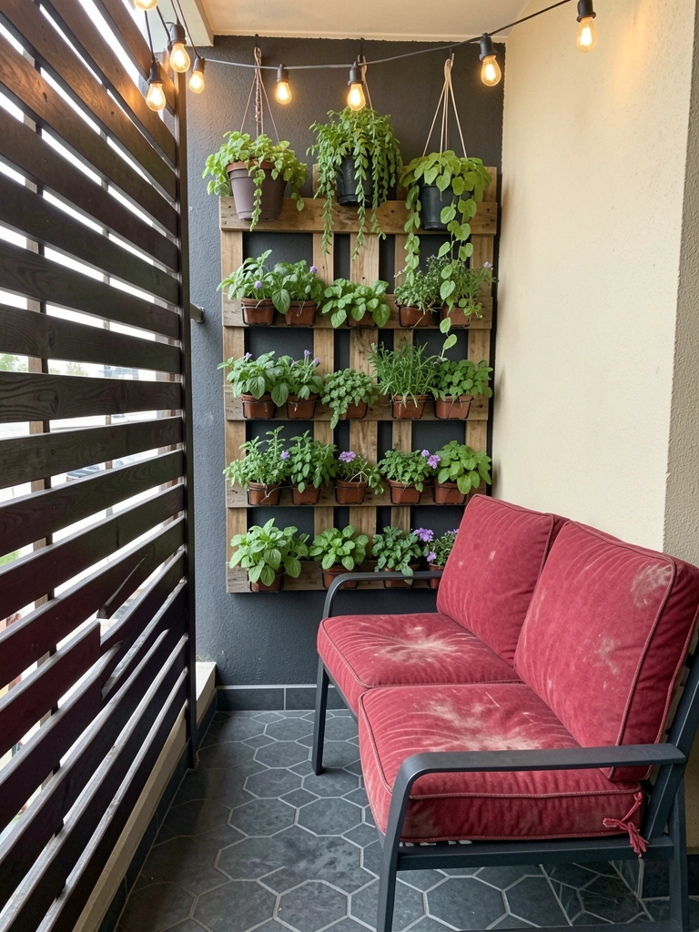 Varanda com pallet de madeira fixado na parede, vasos suspensos com mudas e piso de concreto