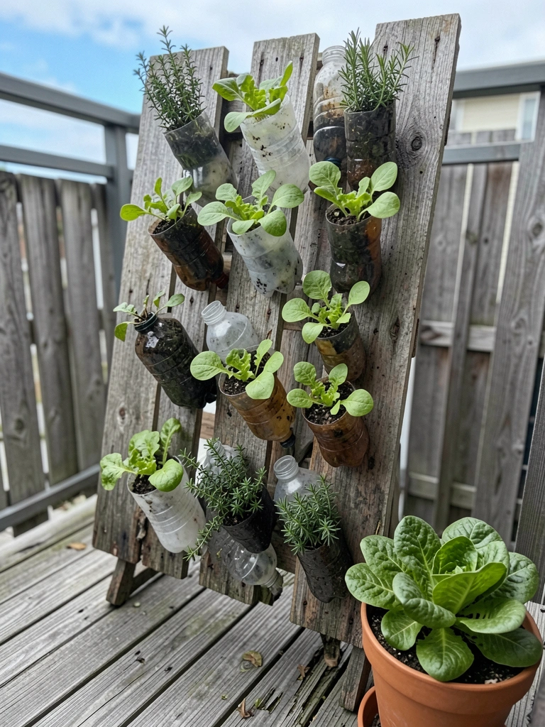 Suporte de chão com estrutura metálica e vasos empilhados para horta vertical em varanda de apartamento