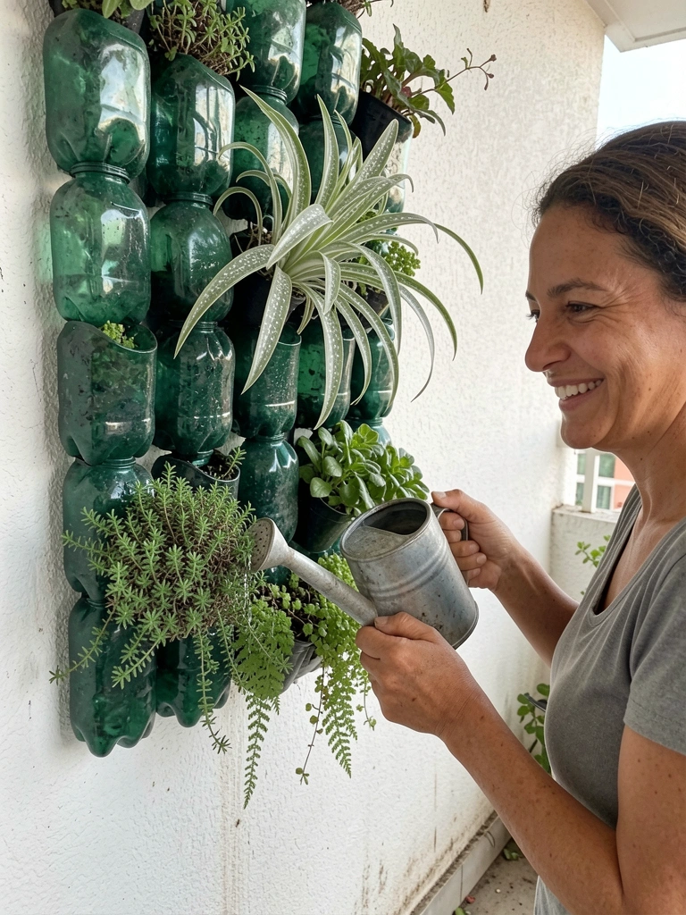 Mulher regando vasos de horta vertical em varanda de apartamento com luz da manhã