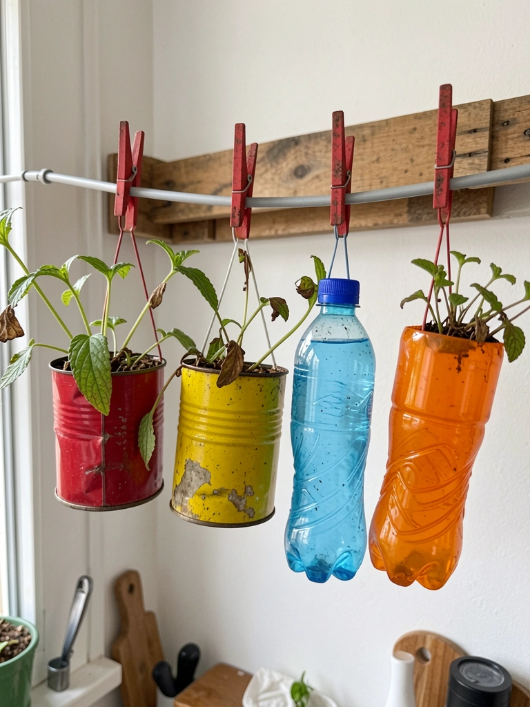 Horta suspensa na parede da cozinha com garrafas PET cortadas, latas e pallet de madeira.