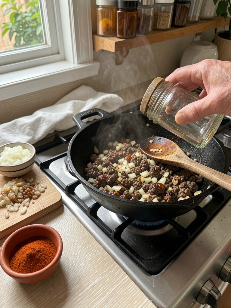 Mão segurando pote de vidro vazio sobre panela com carne moída refogando