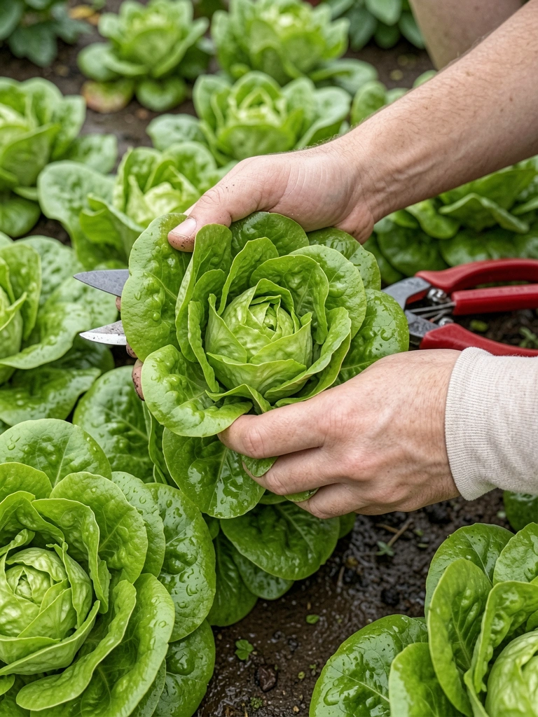 Canteiro de hortaliças com folhas verdes largas cultivadas sob sombra parcial de árvores.