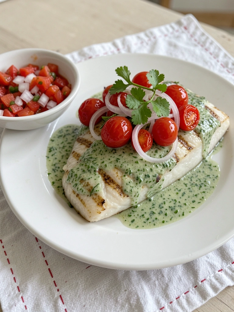 Ramos de salsa fresca picados sobre tábua de madeira ao lado de um peixe cru