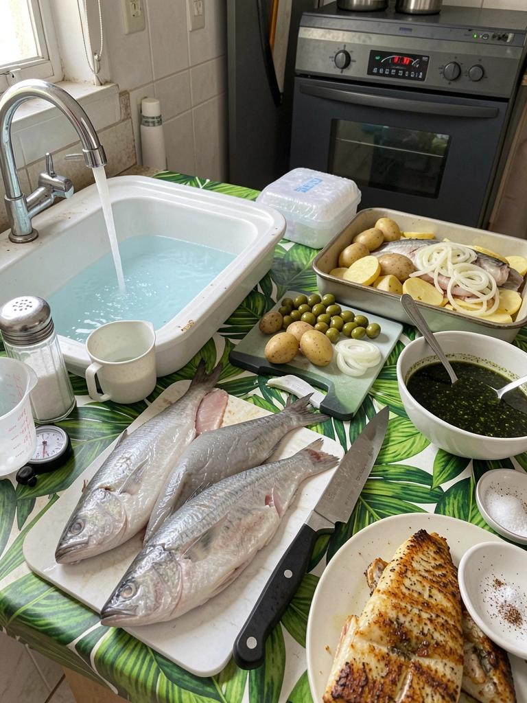 Ramos de salsa fresca picados sobre tábua de madeira ao lado de um prato com filé de peixe grelhado.