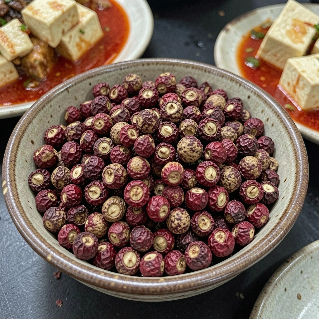 Grãos de pimenta de Sichuan ao lado de um prato de mapo tofu com molho vermelho e cebolinha picada.