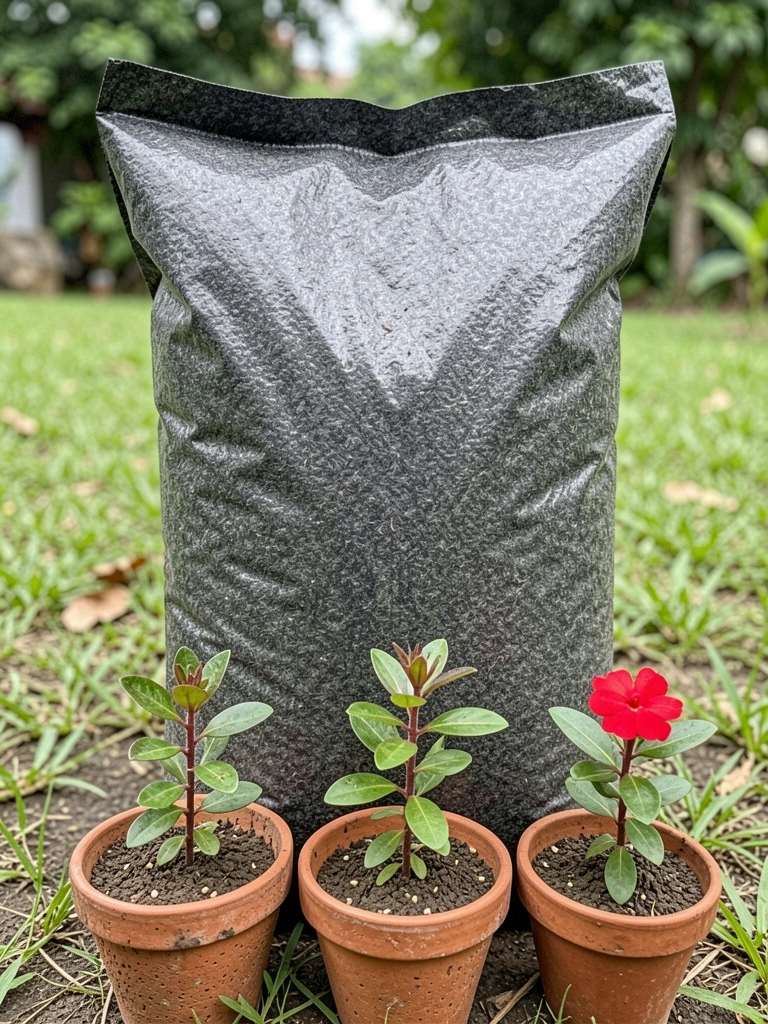 Saco de substrato aberto sobre bancada, com vaso de cerâmica e pá de jardim ao lado.